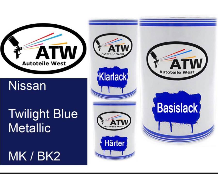 Nissan, Twilight Blue Metallic, MK / BK2: 500ml Lackdose + 500ml Klarlack + 250ml Härter - Set, von ATW Autoteile West.